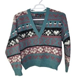 Vintage Paris Sport Club Sweater Women Small V Neck Teal Pink Geometric Knit Ski